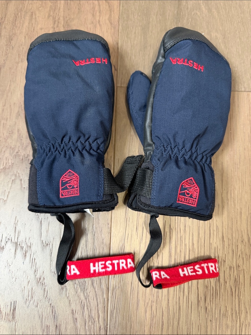 Hestra Navy Mittens with Red Logo Straps